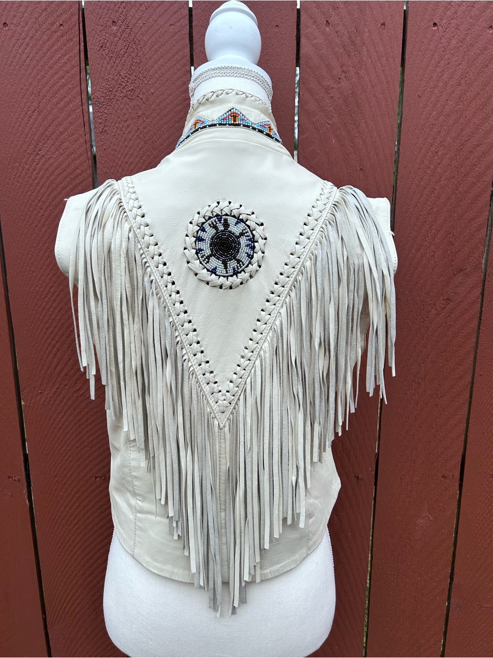 Ivory Fringe Leather Vest with Beaded Accents - Picture 2 of 8